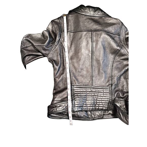 PARKER Moto Metallic Leather Jacket Zipper Collared Pewter Large Fits Small EUC - Picture 7 of 14